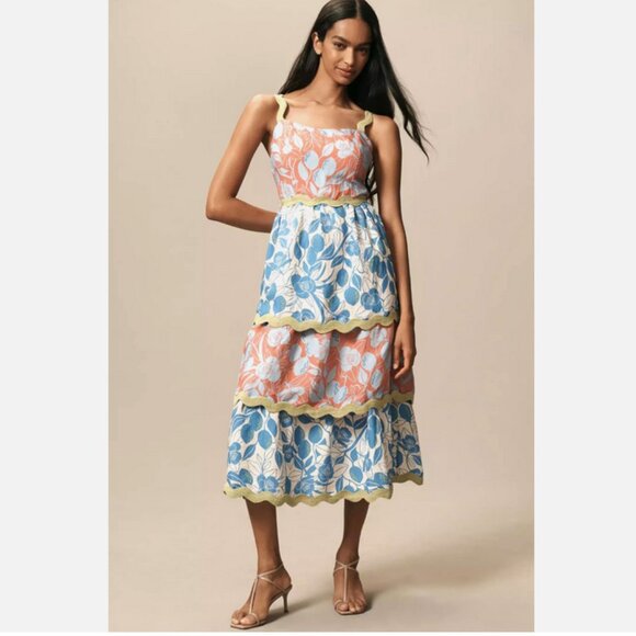 Farm Rio x Anthropologie Linen Blend Tiered Rickrack Midi Dress Size L NWT Large - Picture 1 of 4